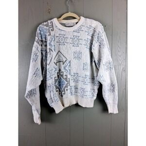 Vintage Jantzen Sweater Adult Large White Blue Aztec Design Long Sleeve Made USA